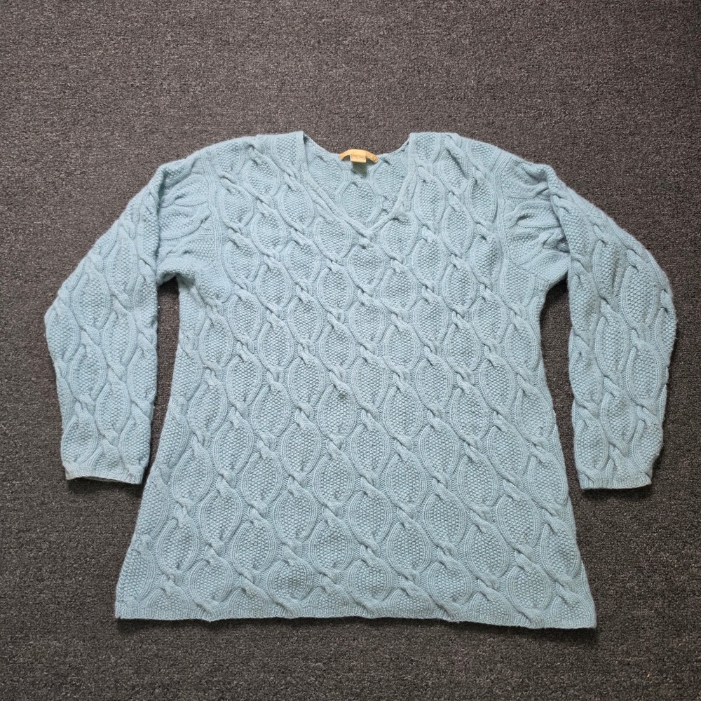 Studio 121 Cashmere Chunky Cable Knit Sweater Blue Womens Large V-Neck Luxury
